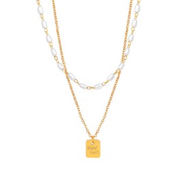Gold Pearl Beaded Layered Necklace Gold Square Letter "Good Luck" Pendant Necklace for Women Simple Pearl Beads Choker Necklace Elegant Small Little Pearl Bead Lucky Necklace for Birthday Party Jewelry Gift