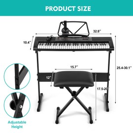 MUSTAR Piano Keyboard with Lighted Up Keys, Learning Keyboard Piano 61 Keys for Beginners, MEKS-700 Electric Piano Keyboard with Bench, Stand, Headphones, Microphone, Note Stickers, Built-in Speakers