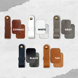 2 Pc Minimalist Design Leather Curtain Rod Bracket - Easy to Install Set of Universal Wall Hanging Strap Curtain Rod Holders with Screws and Plastic Wall Plugs - 4.8" x 1.2" (White)