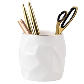 SIEBOLD White Pen Holder for Desk,Irregular Ceramic Pen Cup With Gold Trim Desk Accessories & Workspace Organizers for Home, School & Office