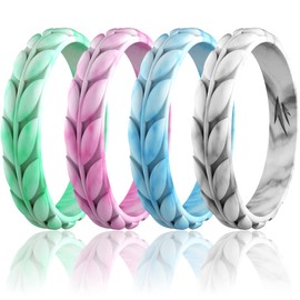 Zollen - Anillos de Boda de Silicona para Mujer, diseño de Hojas de Olivo, Anillo apilable, Silicona hipoalergénica, K: Gris+Blanco, Azul+Blanco, Verde+Blanco, Rosa+Blanco, 4(15.3mm)