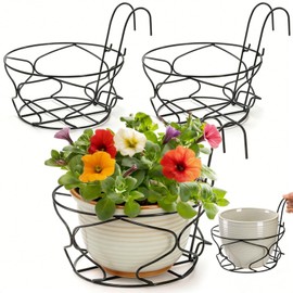 Noamus 3 Pack 10" Hanging Railing Planters Basket, Round Iron Rack Fence Shelf, Metal Wire Flower Pot Holder, Plants Hangers with Detachable Hook for Balcony Garden Indoor and Outdoor (Black)