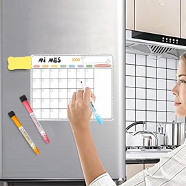 noleli Calendario Magnético para Refrigerador en Español, Pack 3 Piezas: 2 Planificadores (Mensual y Semanal), 1 Pizarra Blanca Flexible, 5 Marcadores y Borrador