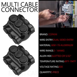 Copkim 5 Pack 3 Port Insulated Wire Connectors Black Multi Aluminum Inline Splice Tap Connector Pre-Filled Oxide Inhibitor Dual Sided Entry for Residential Wiring Applications, Ul Listed (2-14 AWG)