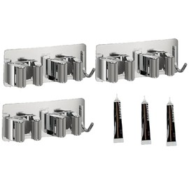 CEYAZYE 3PCS Broom & Mop Holder Wall Mount Organizer, Stainless Steel Broom & Mop Hanging Command Utility Tool for Garage, Storage, Home, Kitchen, Garden, Laundry Room (6 Racks & 3 Hooks, Silver)