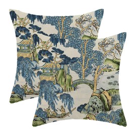 Blue and Green Chinoiserie Pillow Covers 24 x 24 Set of 2 Asian Scenic Chinoiserie Tree Leaves Bridge Decorative Throw Pillow Modern Outdoor Linen Square Farmhouse Cushion Cover for Home Couch Sofa