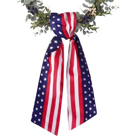 NUVCELKA Patriotic Wreath Sash for Front Door, 1 Pack 5" W x 55" Satin Ribbon Double-Sided Stars Stripes, 4th of July Memorial Day Wreath Decor