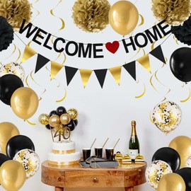 Elegant Black & Gold Welcome Home Decorations Set – Glitter Banner, Balloons, Pennant Flags & Garland for Family Celebrations, Baby Showers & More