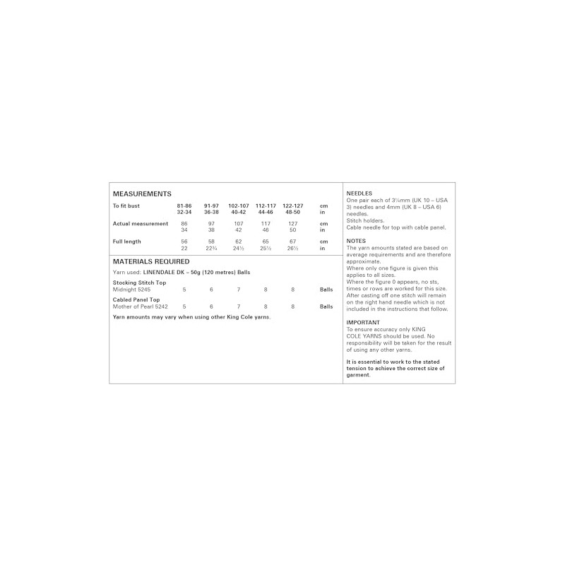King Cole Ladies DK Knitting Pattern Stocking Stitch or Cable