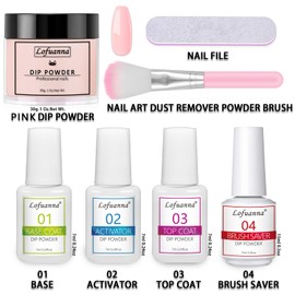 Lofuanna Dip Powder Nail Kit Starter - Pink Dipping Powder with Base & Top Coat & Activator & Brush Saver, No UV/LED Needed, DIY French Nail Art Manicure, Easy to Apply for Home or Salon Use