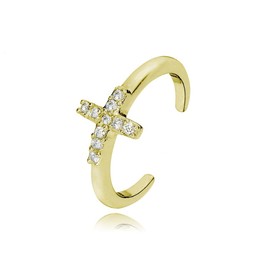 Hoops & Loops 925 Sterling Silver Cubic Zirconia Sideways Dainty Cross Toe Ring for Women Men Teen Girls,Yellow Gold