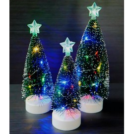 Bottle Brush Christmas Trees, Set of 3 with Colorful LED Lights, Mini Christmas Trees Tabletop Decor, Green Frosted Sisal Trees