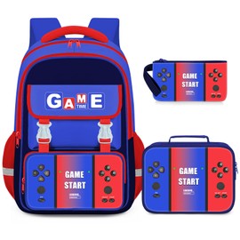 Meridova School Backpacks for Boys - 3PCS Gamer Boys Backpack with Lunch Box Set for Kids Teens, Multifunctional Bookbag for Elementary Middle School Students, 17″ Video Game Travel Bag Ages 6-18