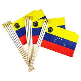 Newperlite Venezuela Stick Flag Venezuelan Small Mini Hand Held Flags - Solid Wooden Pole and Spear Top,12 Pack, 5x8 Inches