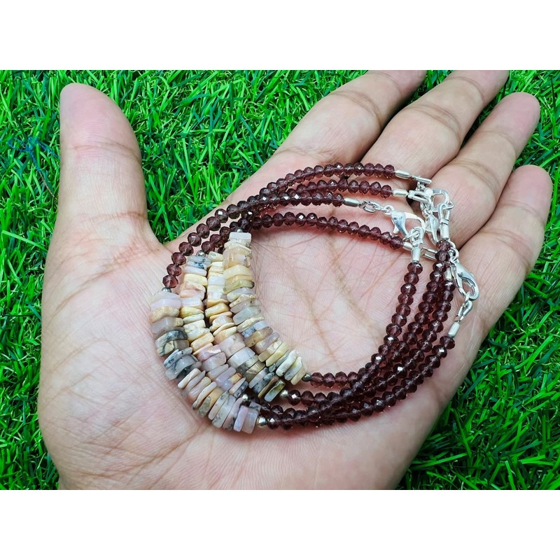 LKBEADS Unisex Pink Garnet Quartz & Peach Moonstone Rondelle &
