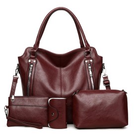 2E-youth Purses for Women Large Tote Women's Handbag Set Faux Leather Hobo Crossbody Bag 4pcs (1D-Wine red)