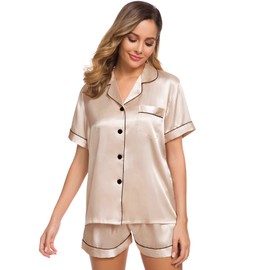 SWOMOG Womens Silk Satin Pajamas Set Short Sleeve Button Down Sleepwear Loungewear 2 Pcs Pj Sets Champagne Medium
