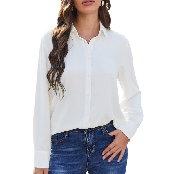 SPRING SEAON Women's Button Down Shirts Causal Collared Blouses Work Office Long Sleeve Chiffon Blouse for Ladies Pure White