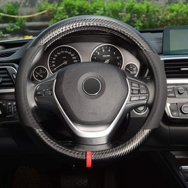 KAFEEK Steering Wheel Cover,Universal 15 inch, Microfiber Leather Carbon Fiber, Anti-Slip, Odorless, Black