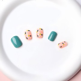 BFY Flower Press on Nails Short Square Fake Nails, Small Yellow White Floral Green Acrylic Nails Kit, Spring Summer Nude Glossy Gel Manicure Stick on Nails Full Cover False Nail Tips 24Pcs