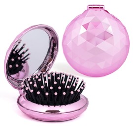 Shinning Diamond Design Folding Hair Brush Travel Hairbrush with Mirror,Pocket Foldable Comb Compact Brush for Purse for Girls and Women (Champagne Gold)