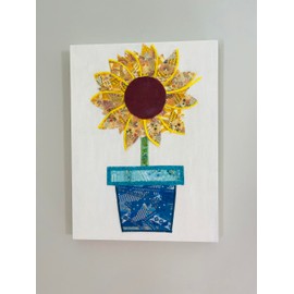 Sunflower Yellow Flower Colorful Blue Washi Tape Art Whitewash Wood Wall Hanging 9" x 12" Girl's Girls Dorm Room Cheerful Handmade Decor