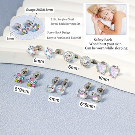 DAILI 12 Pairs Toddler Earrings,Hypoallergenic Titanium Screw Back Earrings for Girls Women,Surgical Stainless Steel Cute Flower Pearl Star Cubic Zirconia Flat Back Stud Earrings for Sensitive Ears