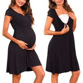 Nieery Maternity Nursing Nightdress Button Breastfeeding Nightwear Soft Lace Nursing Nightgown Cotton Loungewear V Neck Maternity Pyjamas Nightshirt for Pregnant Black XXL