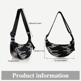 AfitLulu Crescent Women's Shoulder Bag with Adjustable Shoulder Strap, Nylon Small Handbag, Women's Shoulder Bag, Women's Embroidery Crossbody Bag, Women's Dumpling Bag with Zip, black