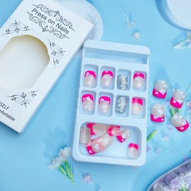 LRKNNO Valentine Nails Short French Tip Press on Nails White Heart Fake Nails with Glitter Silver Designs Valentine’s Day False Nails Rose Pink Nail Tips Coffin Acrylic Nails for Women Girls 24Pcs