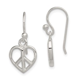 Solid 925 Sterling Silver Peace Sign Sign Love Heart Shepherd Hook Earrings (24mm x 10mm)