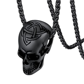 FaithHeart Black Skull Head Necklace, Men's Gothic Skull Pendant Celtic Trinity Knot Jewellery Solid Stainless Steel Skeleton Neck Chain Adjustable 55cm+5cm