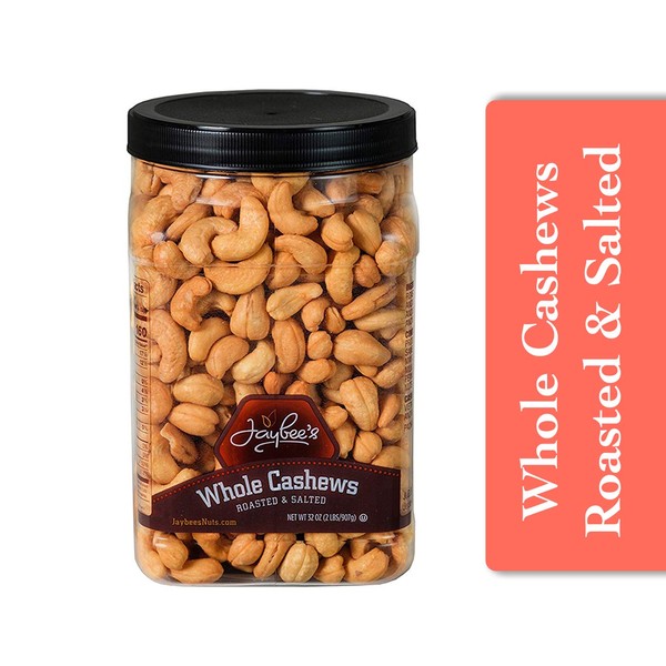 Jaybee's Extra Large Whole Cashews - Roasted And Salted - Great for Gift Giving or As Everyday Snack - Reusable Container - Certified Kosher (32 Ounces)