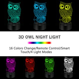 BASSI 3D Owl Lamp, Touch & Remote Control - 16 Color Change Night Light - Bedroom Decoration for Women Boys Girls