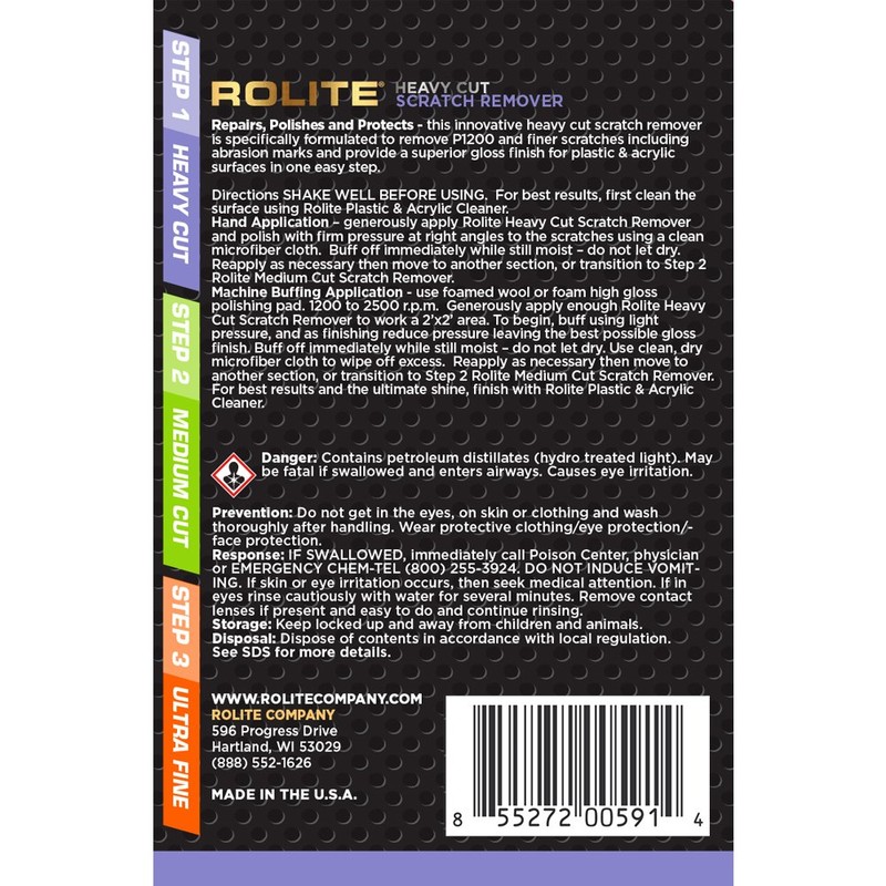 Rolite Heavy Cut Scratch Remover, 4 fl. oz., for Plastic
