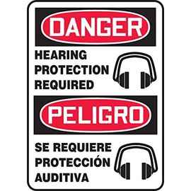 Accuform SBMPPA023XV Spanish-Bilingual Adhesive Dura-Vinyl Sign, Legend "Danger Hearing Protection Required", 14" Length x 10" Width x 0.006" Thickness, Red/Black on White