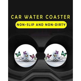 2 Pack Universal Ceramic Car Coasters Colorful Butterflies Abstract,Ceramic Stone with A Finger Notch for Easy Removal of Car Cup Holder Coaster