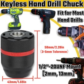 Keyless Hand Power Drill Chuck 1/2”-20UNF Mount, 2~13mm Self-tighten Drill Chuck,Keyless Chuck for Multiple Purposes（Before Purchasing,Make Sure That Your Drill Chuck is 1/2 "-20UNF）