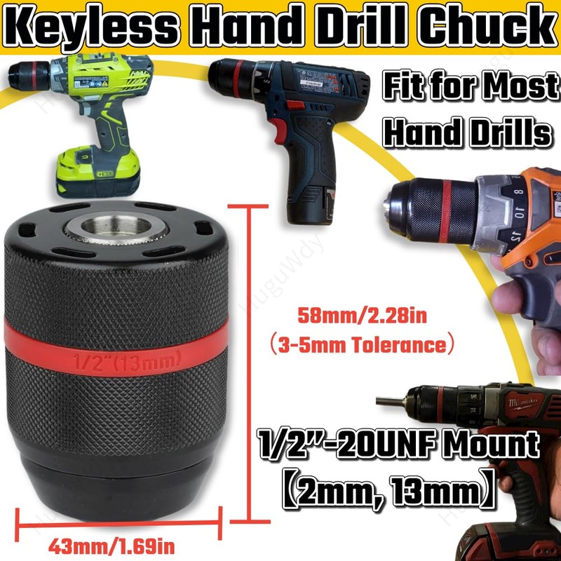 Keyless Hand Power Drill Chuck 1/2”-20UNF Mount, 2~13mm Self-tighten Drill
