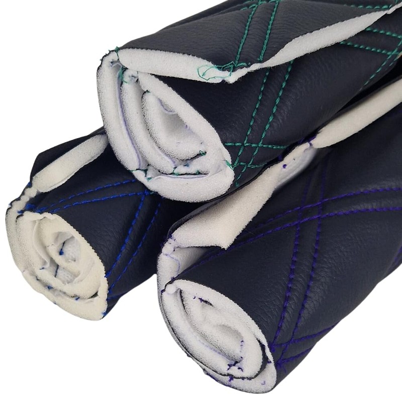 Black Faux Leather Quilted Fabric Double Diamond White Stitch Fluted