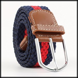 White Fang BT378 Braided Mesh Belt, Round Buckle, Casual, No Holes, Simple, Colorful, B Blue White Red