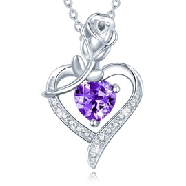925 Sterling Silver February Birthstone Necklace Rose Heart Pendant Purple Natural Amethyst Necklace with Fine Jewellery Box Christmas Birthday Valentine's Day Mother's Day Present for Women Mother