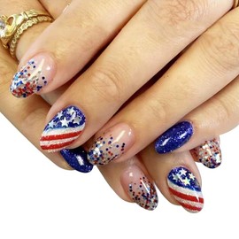 ONPRESS 24Pcs Independent Day Press on Nails Short Almond Fake Nails with Glitter American Flag Design 4th of July Acrylic False Nails Colorful Bling Ombre French Tips Glue on Nails for Women Decor