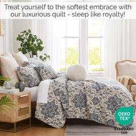 Southshore Fine Living, Inc. Full or Queen Quilt Bedding Set, 7-Pieces with 2 Pillow Shams, 2 Euro Shams, 2 Throw Pillows, Boho Bedding Set, Queen or Full Size Quilts for Bed, Persian Indigo Blue