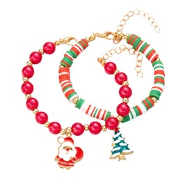 TOFBS Women's Christmas Festive Bracelet Set of 2 Christmas Bangles in Colourful Beads and Santa Claus Charming Pendant Ideal for Festive Occasions, Metal, Alloy