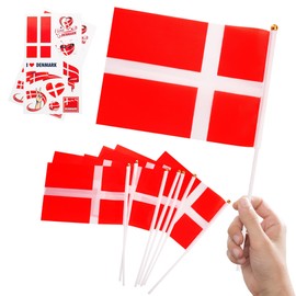 10pcs Mini Denmark Flags on Sticks & 2pcs Tattoos, Small Denmark Flags Denmark Danish Hand Held Flags for Spors Games 2024 Football Sports Events National Day Party Decorations