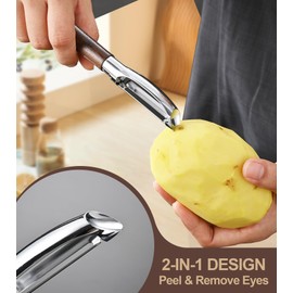 Fruit vegetable peelers for Kitchen, 304 Stainless Steel Ultra Sharp Swivel Blade, Premium Real Wood Handle Leather Strap (Y&I Shaped)