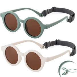 KamQen 2 Pieces Flexible Round Polarized Baby Sunglasses with Adjustable Strap for Infant Newborn Boys Girls Age 0-24 Months