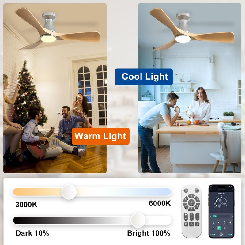 Depuley 52-Inch Ceiling Fans with Lights: Wood 3 Blade Flush