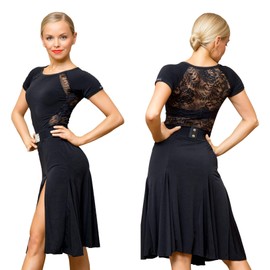 SCGGINTTANZ Superstar Series:G3044 Latin Ballroom Dance Professional lace Sides Split Swing Dress (Note: no Belt is Included) ((FBA) Black, X-Large)
